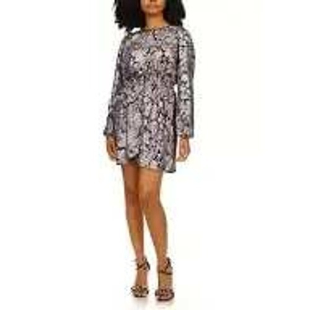 NWT Michael Kors Black Silver Paisley Print Long Sleeve Elastic Waist Mini Dress